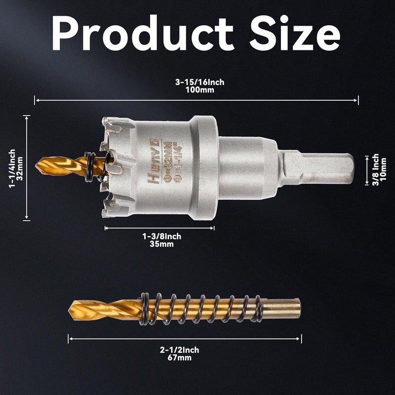 Henvo Hole Saw 1-1/4" (32mm) Heavy Duty Carbide with 2 Pilot Drill Bits - Metal Hole Cutter Cuts Stainless Steel, Iron, Copper, Brass, Plastic - Image 2